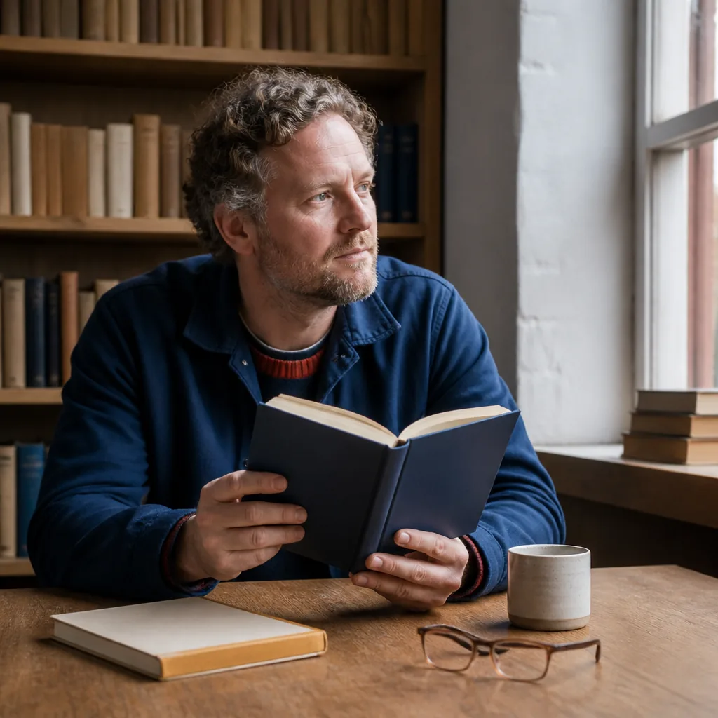 Pile de livres ouverts sur un fauteuil, lumière douce, ambiance lecture