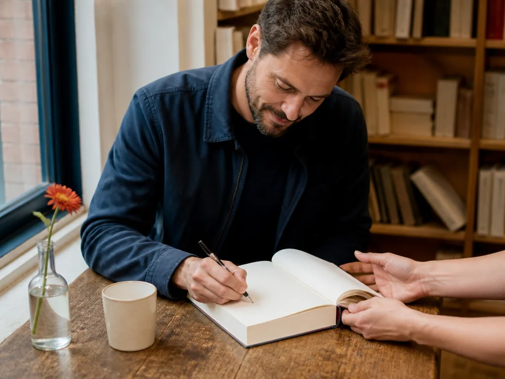 Un auteur sourit en signant un livre pour un lecteur, entouré de piles d'ouvrages en librairie