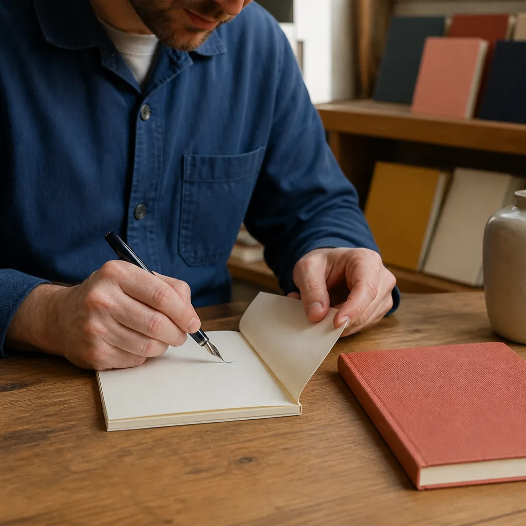 Carnets ouverts et stylos colorés sur un bureau en bois, prêts pour l'écriture et la création